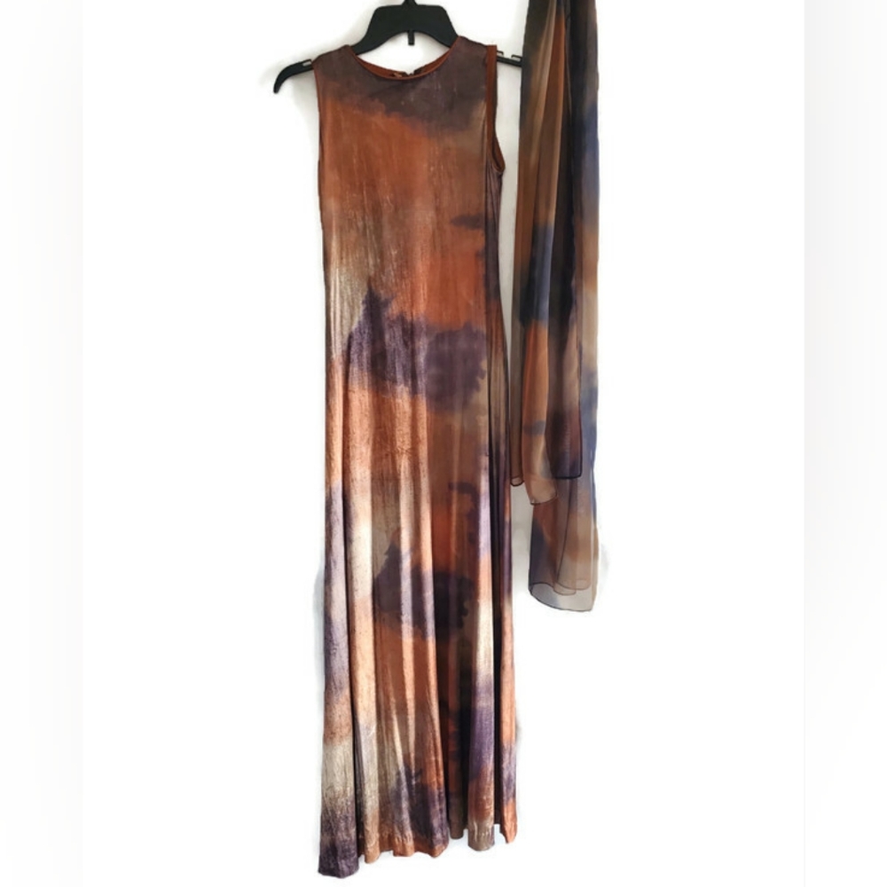 Huey Waltzer SAKS Women's Size 2 Tie Dye Maxi Dress With Scarf